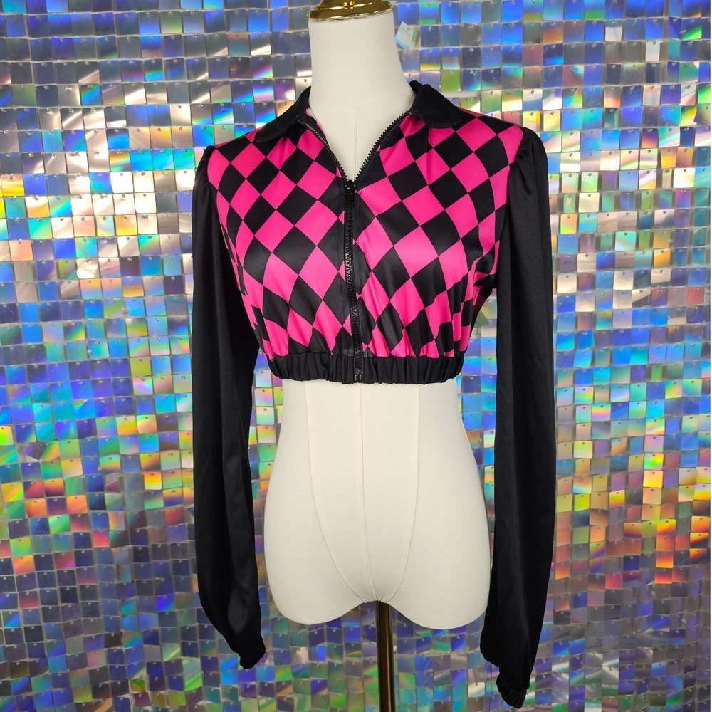 Dreamgirl Cropped Jacket Small Pink Black Checkered‎ Harlequin Clowncore Rave